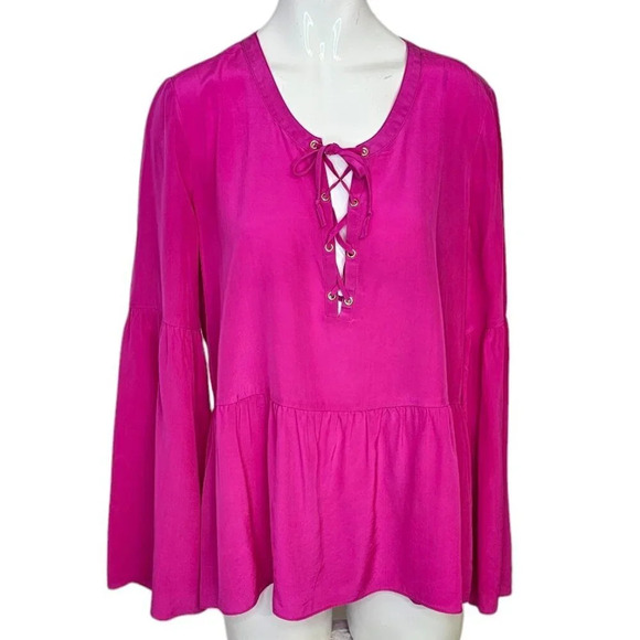 Lilly Pulitzer 100% Silk Tie Front Lace Up Blouse Pink  Size Medium Bell Sleeve - Picture 1 of 9